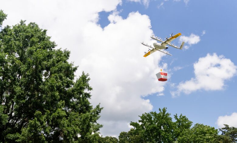Wing delivery drone delivers a DoorDash order in the Atlanta suburbs