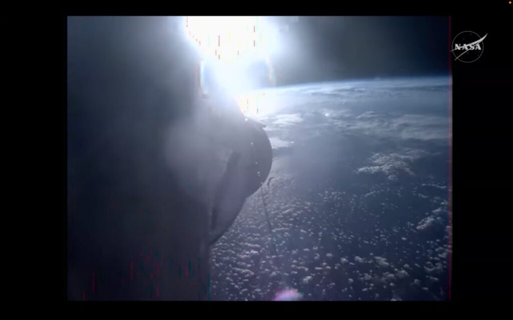 An onboard camera sent back views of Earth as SLS and Orion surpassed 5,000 mph at a distance of 78 miles downrange. [Credit: NASA]